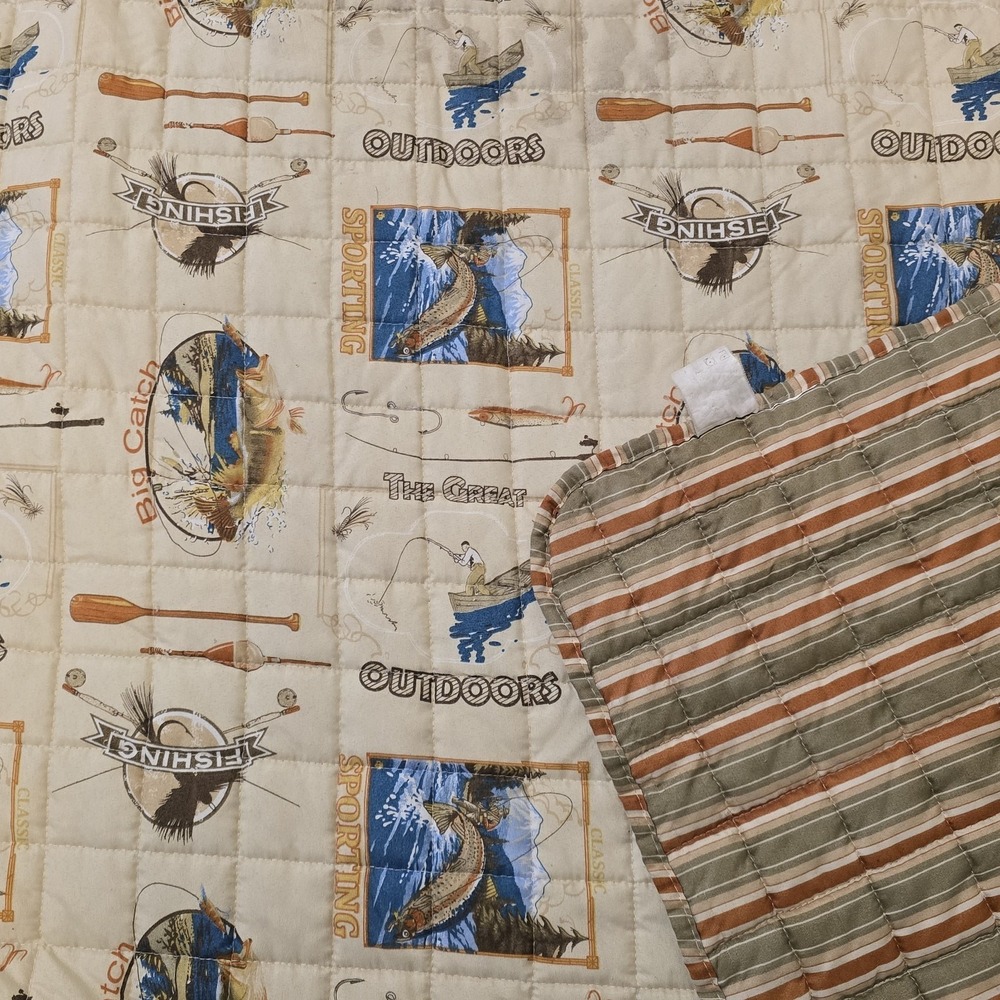 Queen Size Vintage Ellison Outdoorsman Comforter Fisherman Blanket Country Cabin